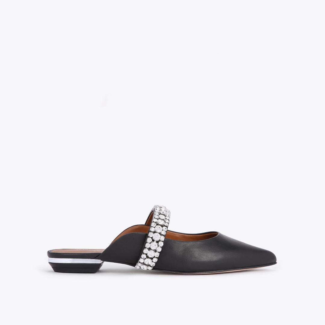 PRINCELY Black Leather Crystal Strap Flat Mules by KURT GEIGER LONDON