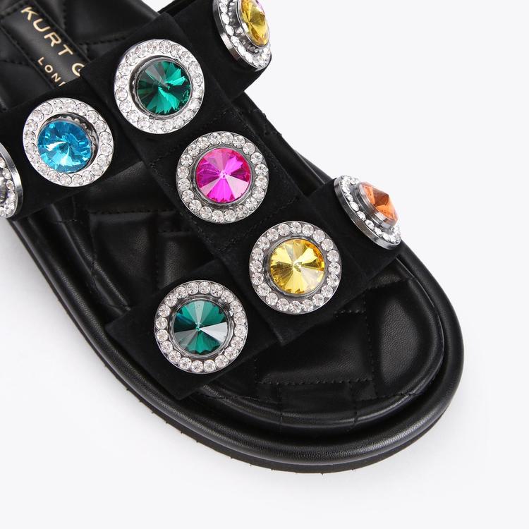 ORSON CRYSTAL SANDAL Black Suede Rainbow Crystal Caged Slip On Sandals